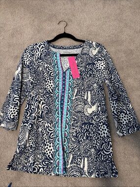 Lilly Navy & White Printed Tunic with Turquoise Trim